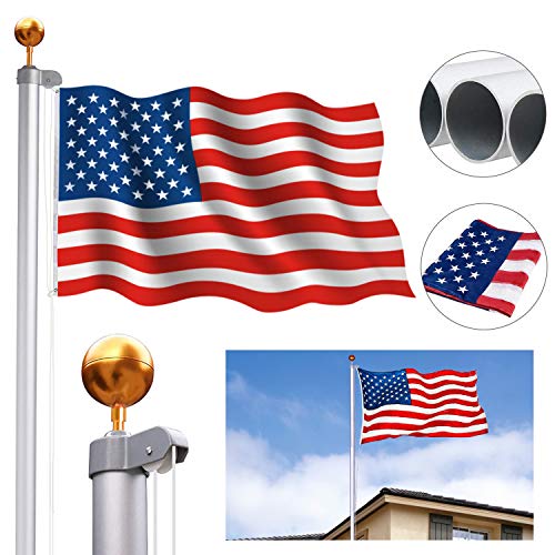 charaHOME 25FT Sectional Flag Pole Kit Aluminum Halyard Flag Pole Free 3x5 American Flag Golden Ball Top Kit Flagpole Hardware for Commercial or Residential Ground PVC Sleeve Outdoor Garden